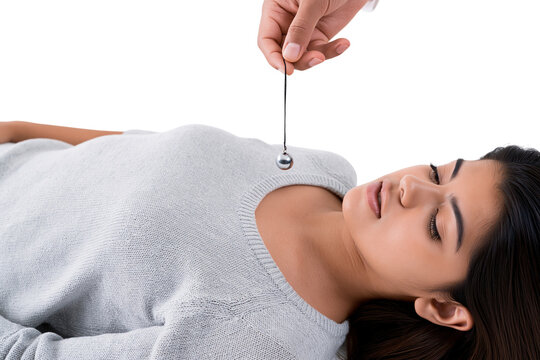 Closed eyes of female receiving pendulum treatment isolated on transparent background png element