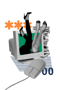 Vertical photo collage of female legs peek computer monitor screen business partners book stack mouse tool isolated on painted background