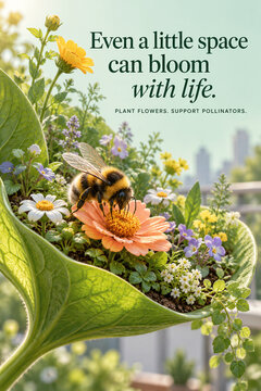 Pollinator Gardening Poster with Bumblebee and Flowers in Leaf Shaped Planter