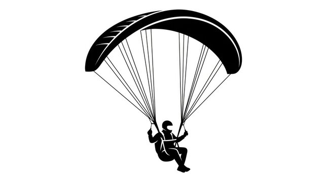 Black and white silhouette illustration of a paraglider flying in the sky on a white background