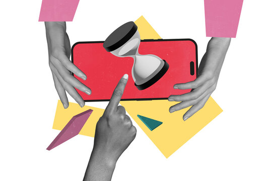 Creative photo collage hands body fragments hold smartphone digital device touchscreen deadline time management sandwatch countdown limit