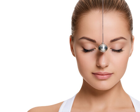 Young woman meditates with focus ball isolated on transparent background png element