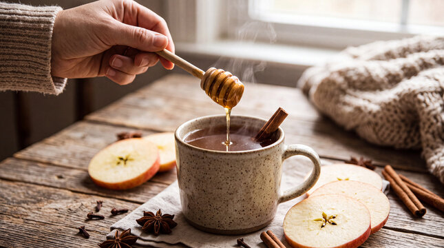 Hot apple cider in a mug with a honey drizzle from a wooden honey dipper held by a hand, surrounded by fresh sliced apples and aromatic spices for a cozy autumn drink concept