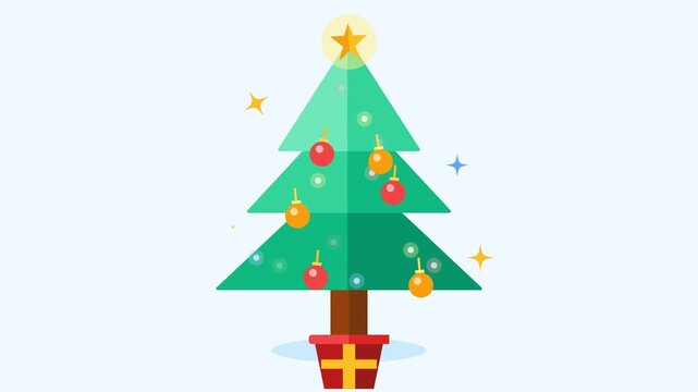Christmas tree with a gold star animation on a white background. Flat 2D holiday christmas tree graphic.