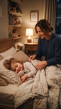 Mother tucking in sleeping child with stuffed bunny at bedtime