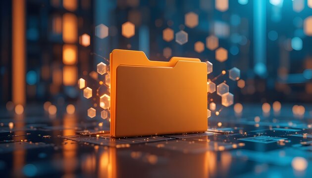 glowing orange data folder icon in futuristic digital networking background