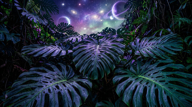 Purple monstera leaves in a magical tropical forest under a starry night sky with glowing planets