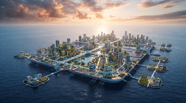 Aerial view of futuristic cityscape with high-rise buildings and industrial infrastructure at sunset over water
