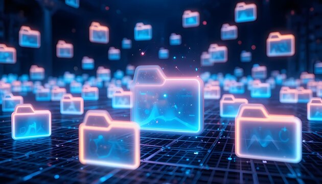 virtual reality data folder cluster floating in digital network cyberspace background