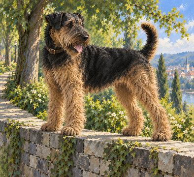 Airedale Terrier standing on a stone wall in a summer park