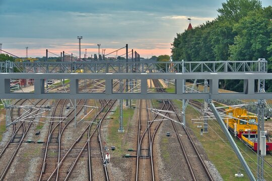 Klaipeda, Lithuania - August 29, 2026. Railway tracks and maintenance train