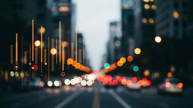Financial bar chart overlay on a blurred city street at night with glowing bokeh traffic lights representing urban business and data growth
