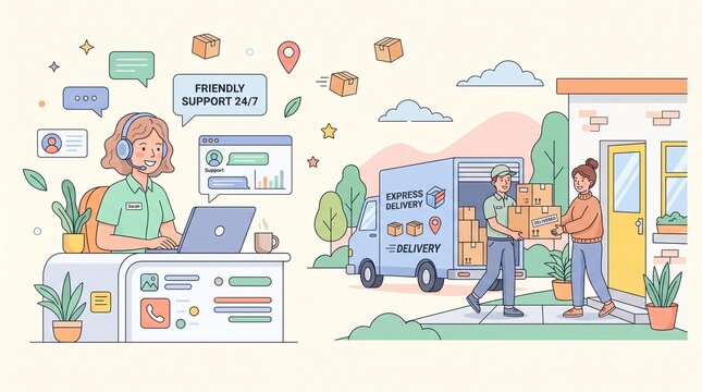 Customer service support and delivery logistics flat vector illustration featuring friendly agent courier truck dropping off packages