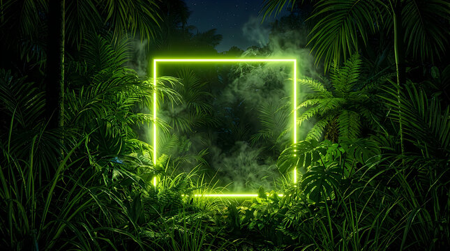 Bright neon yellow square light frame glowing in the middle of a dark tropical forest at night