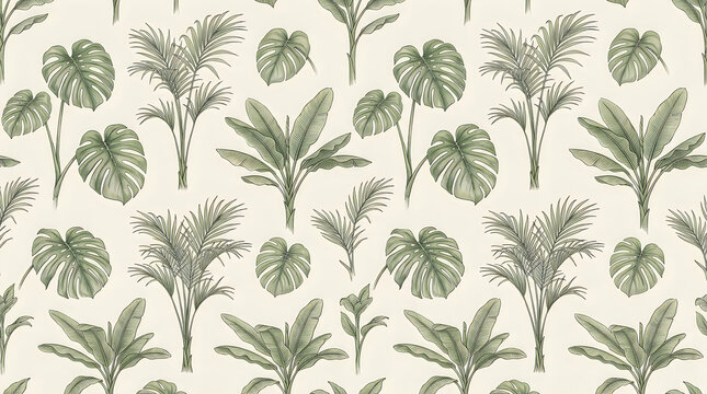 Seamless pattern with hand drawn tropical palm leaves and exotic jungle plants in black and white