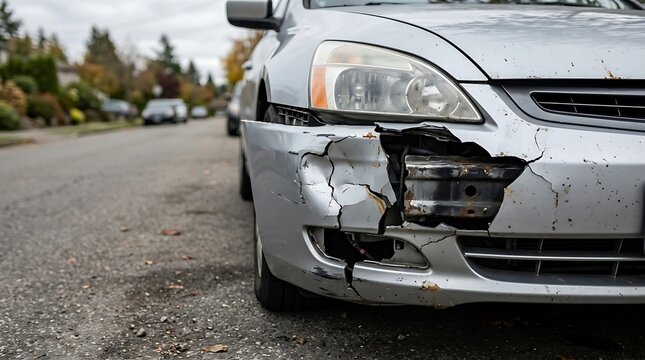 Close up view of a silver car with a damaged front bumper and broken headlight after a collision