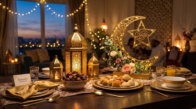 Ramadan Mubarak dining table setup with golden lanterns crescent moon decoration dates and sweets celebration