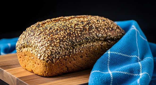 Artisan loaf of multigrain bread with seeds on wooden cutting board