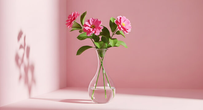 Pink zinnias in elegant glass vase on soft pink background with shadows
