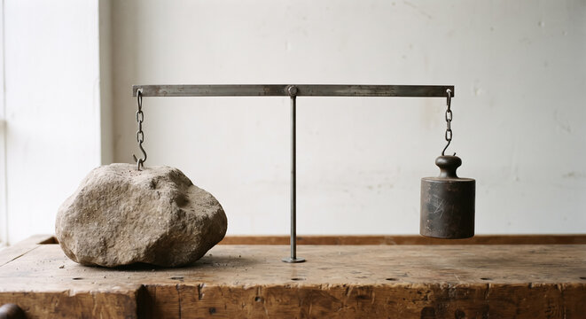 Conceptual scale balancing heavy stone with cast iron mass on rustic wooden workbench. Concept of unequal balance, equilibrium, comparison. Copy space.