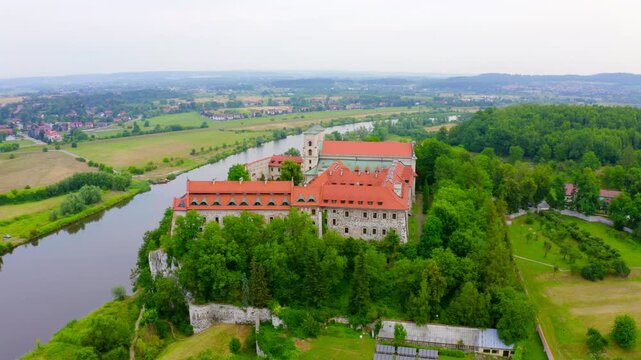 Krakow, Poland. Benedictine Abbey (Tynets) on the Vistula River. The Benedictine monastery was founded in 1044. Drone footage, Point of interest