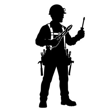 Electrician silhouette wearing tool belt holding pliers and screwdriver for maintenance and repair services isolated on transparent background for commercial use.