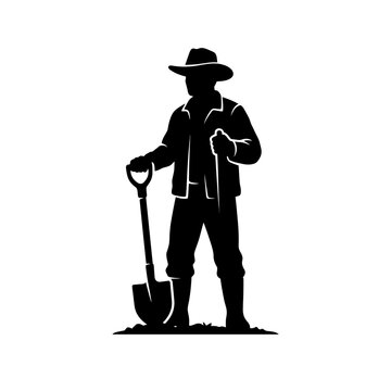 Bold black silhouette of rugged cowboy wearing wide brimmed hat leaning on shovel depicts hardworking farmer or rancher ready for manual labor in countryside setting.