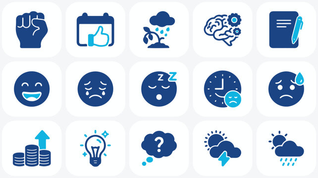 Blue icons set depicting business emotions weather and symbols on white background