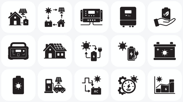 Collection of black solar energy and renewable power icons illustrating eco technology