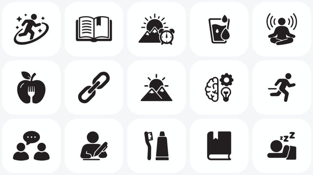 Set of black healthy lifestyle and daily routine icons depicting wellness and personal growth