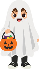 Obraz premium Cute Ghost Character Holding Trick or Treat Bucket Vector