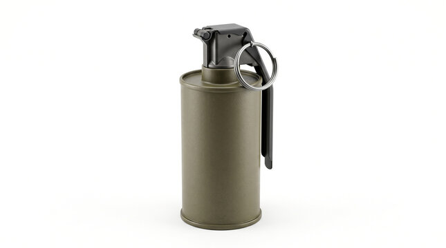 A green cylindrical stun grenade with a metal pull ring isolated on a white background with mechanism stands upright upright against plain white studio backdrop