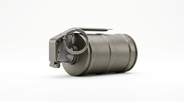 A tactical stun grenade with a metal pull ring isolated on a white background surface with metallic cylindrical stun mechanism against plain grenade safety lever
