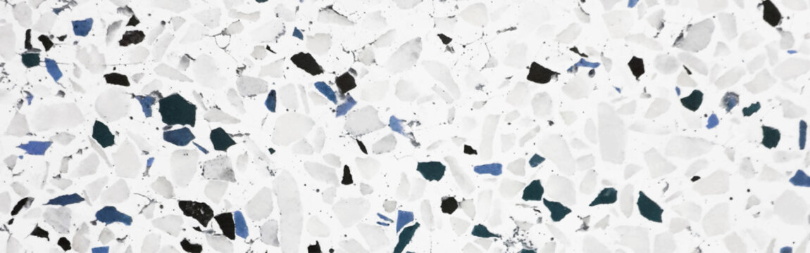 White Terrazzo Texture Background with Blue, Black and Gray Stone Chips, Modern Decorative Cement Surface for Flooring and Interior Design