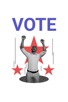 Creative trend collage of&nbsp;young man raise fists celebrate vote election ballot democracy&nbsp;concept&nbsp;weird bizarre unusual fantasy billboard