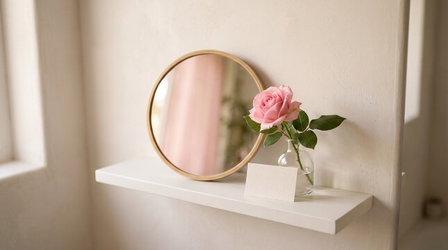 Minimalist interior shelf with round mirror and pink rose in a glass vase