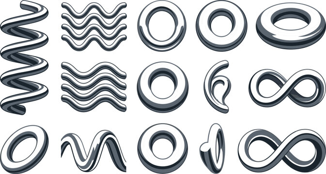 Abstract 3D Torus and Matte Chrome Geometric Shape Vector Set Featuring Toroid Rings Infinity Symbols Spirals and Waves for Trendy Cyberpunk Y2K Graphic Designs