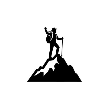 Mountain climber silhouette standing peak celebrating success outdoor adventure tourism emblem graphic icon illustration transparent background vector.