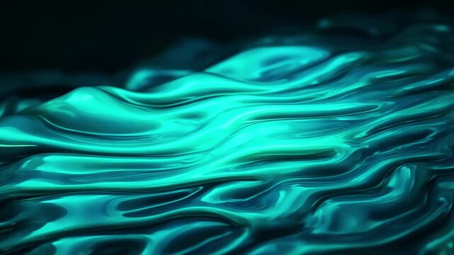 Macro abstract soft glowing data flow, smooth teal and aquamarine viscous liquid, uniform flow, static camera, deep teal background