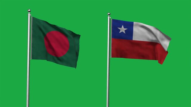 Bangladesh and Chile Waving Flags, 3D Illustration.