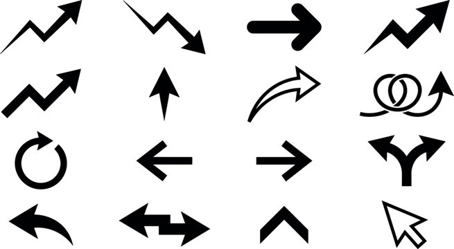 Minimalist Black Arrow Icon Set with Growth Trends Decrease Charts Navigation Pointers and Curved Symbols for Business Web UI UX Interfaces