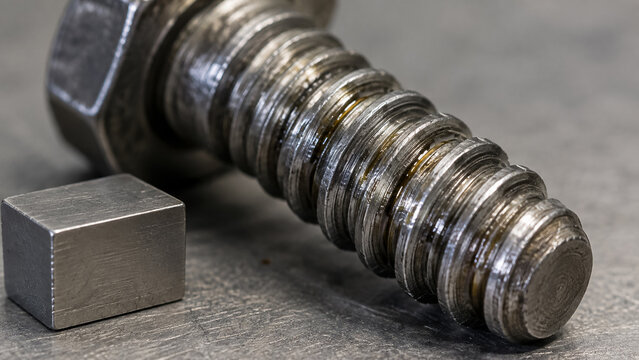 Macro View of Worn Metal Lead Screw with Lubricant Traces and Steel Key on Workshop Table. Concept of wear, screw thread, machine part, mechanical engineering.