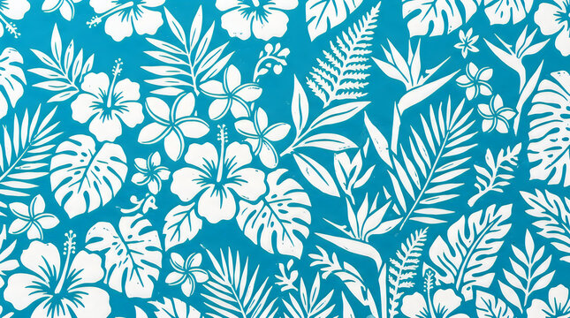 Tropical pattern with white hibiscus flowers and green palm leaves on a teal background