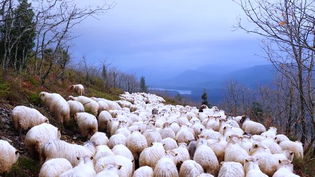 Flock of Latxa sheep (Basque: latxas) transhumant between Sodupe (Bizkaia) and the Losa Valley (Burgos). Las Merindades region. Burgos. Castile and Le&oacute;n. Spain