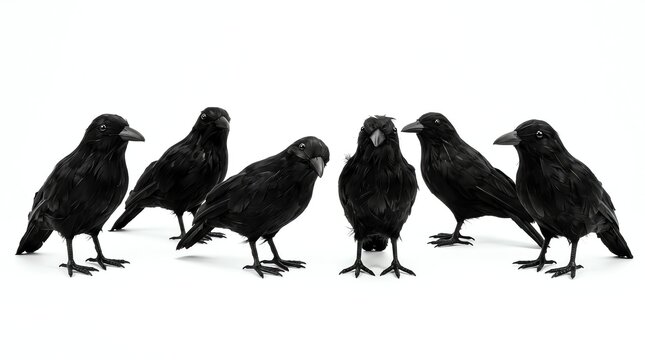 Six artificial black crows posed