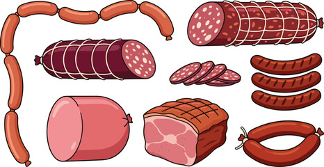 Sausage and Delicatessen Meat Products Vector Set Featuring Salami Pepperoni Ham Bologna Frankfurters and Grilled Sausages for Butcher Shop Menus and Grocery Marketing © Md