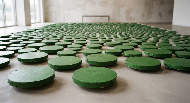 Contemporary Art Installation with Green Painted Wooden Discs Arranged on Museum Gallery Floor. Concept of pigment disc, modern art, circular shapes, artistic concept, exhibition space.