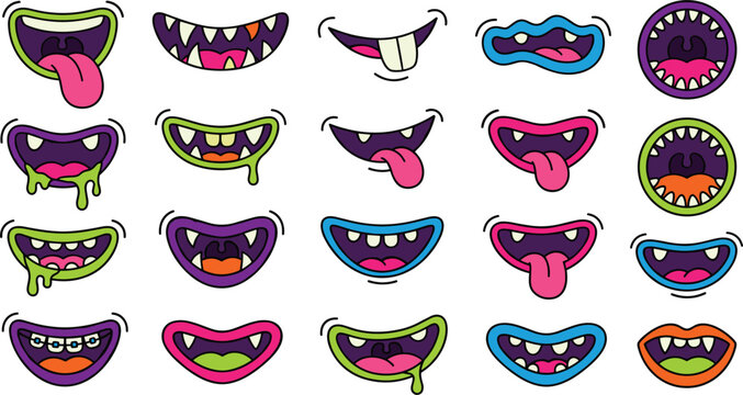 Spooky Monster Mouths and Scary Cartoon Expression Vector Set Featuring Sharp Teeth Drool Braces and Tongues for Halloween Sticker Pack and Character Designs