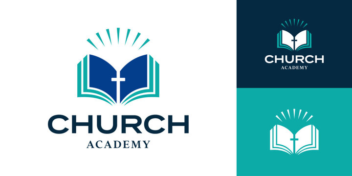 Christian church logo design, open book with a glowing cross symbol logo design