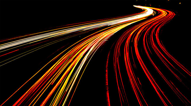 Bright light trails from moving cars on a highway at night creating long exposure streaks of red and yellow colors on a dark road surface showing fast traffic flow during the late evening commute